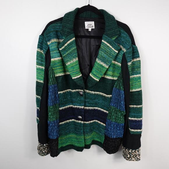 Vintage Oso Casuals Green Striped Knit Blazer Chunky Cardigan Grandpacore 2X - Picture 1 of 11